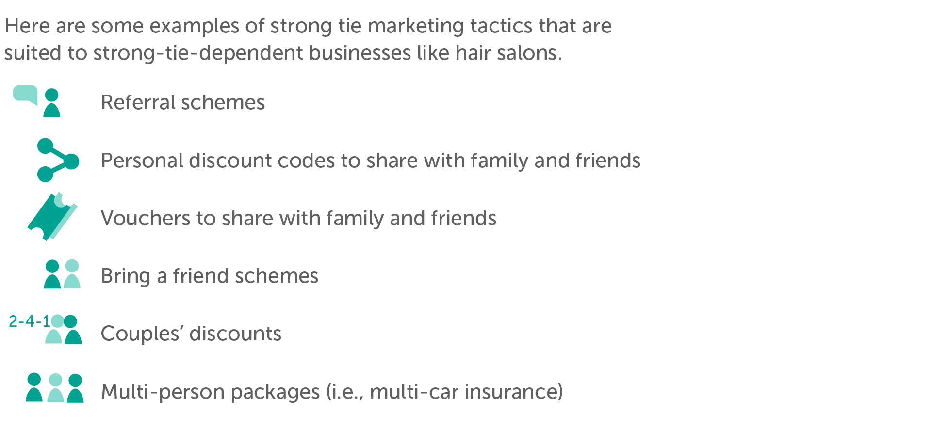 Here are some examples of weak tie marketing tactics that are suited to weak-tie-dependent