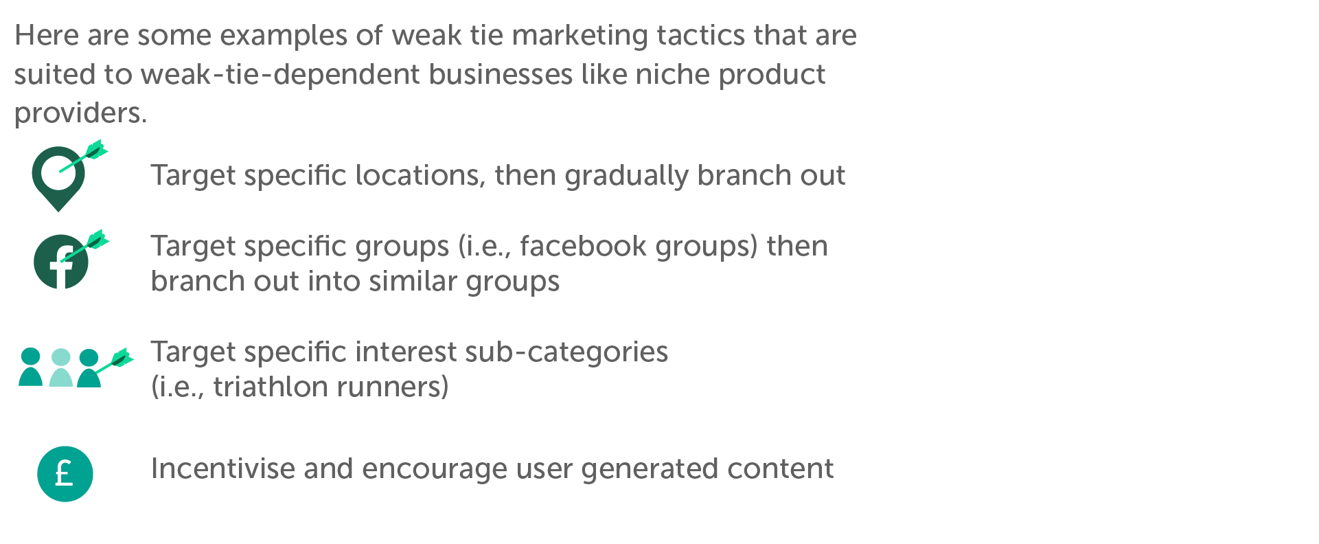 Here are some examples of weak tie marketing tactics that are suited to weak-tie-dependent