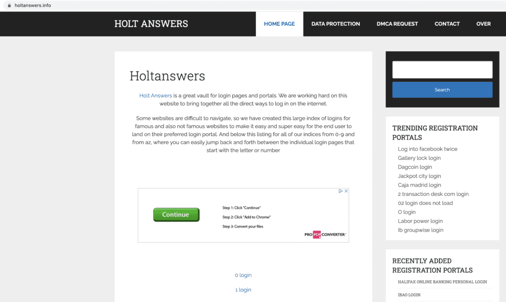 Example of page with low domain authority score