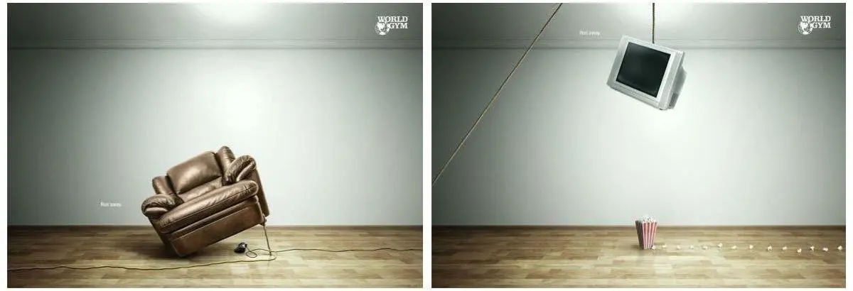 The World Gym ad defining the future self as an enemy in their brand. Image of sofa and TV