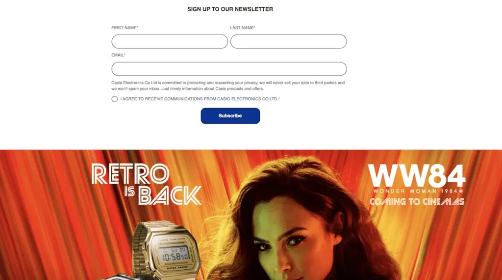 Casio's homepage with newsletter sign up