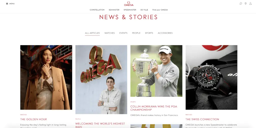 a screenshot of the Omega news and stories section