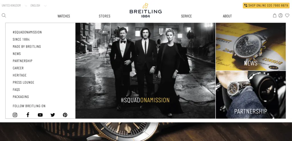 screenshot of Brietling's website