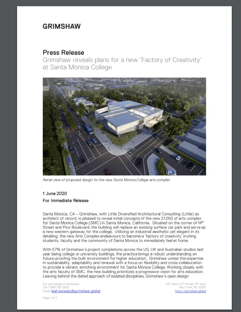 content marketing for architects example press releases - Grimshaw