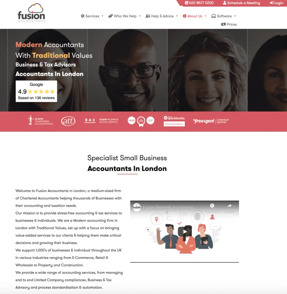 homepage for Fusion accountants - content marketing for accountants example