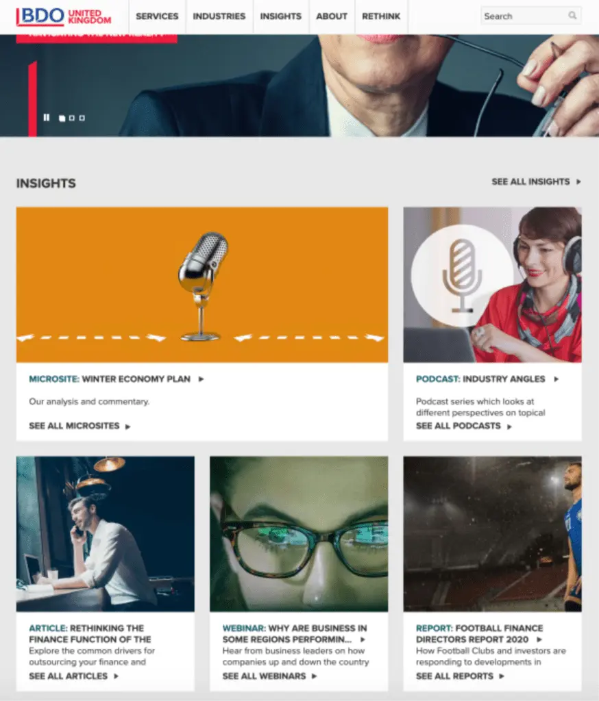 BDO accountants - content marketing -dedicated insight area on page