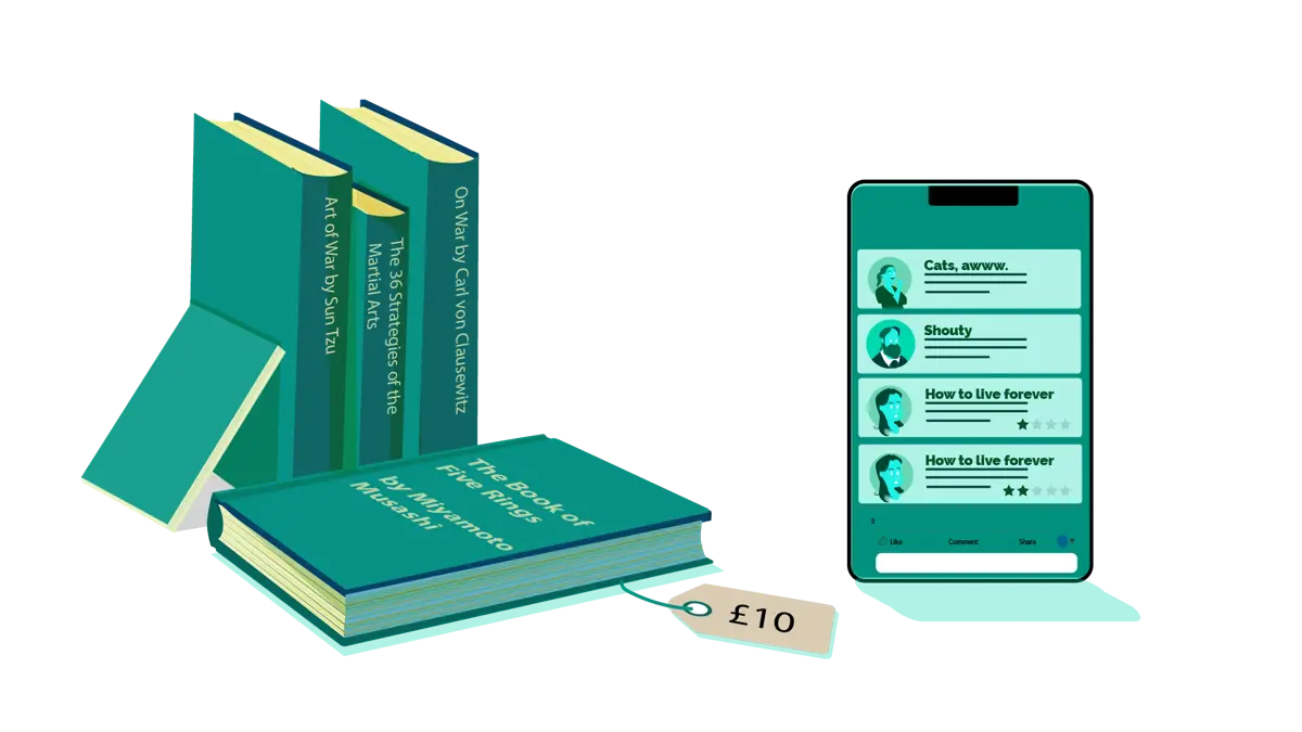 Books with price tag next to mobile phone