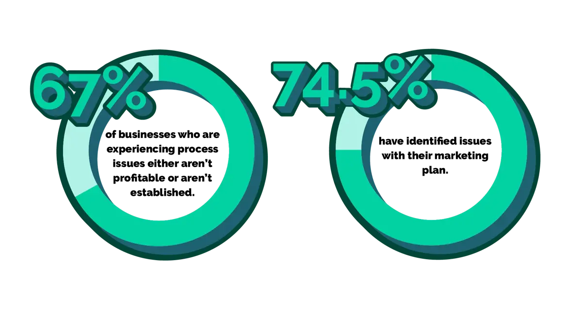 2 graphs side by side about marketing business processes - 67% who experience process issues aren't