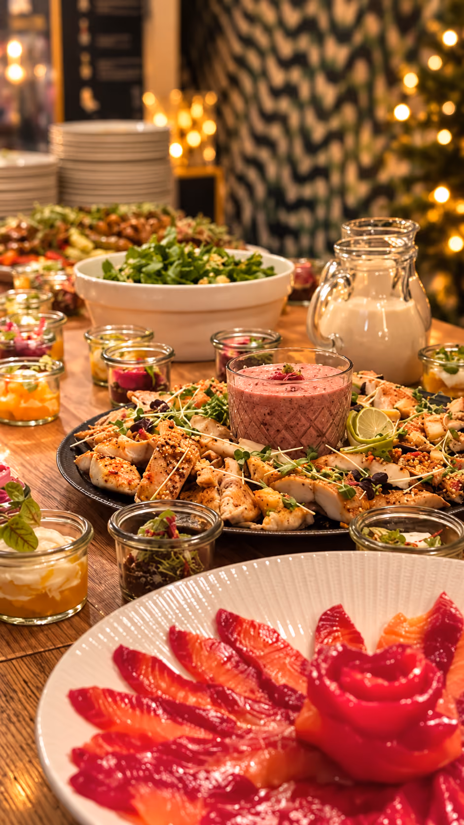 Buffet table with plates of assorted gourmet appetizers including sliced cured fish arranged around a rose-shaped garnish, grilled chicken with lime wedges and microgreens, a bowl of fresh salad, small glass jars of various sauces and condiments, and a pitcher of creamy dressing, all set in a warm festive ambiance with soft lights and blurred background.