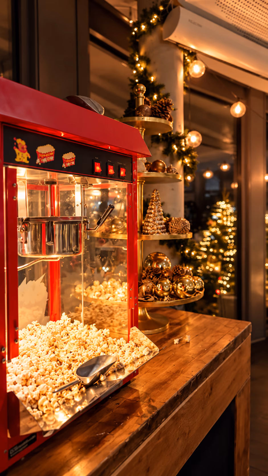 Rote Popcornmaschine gefüllt mit Popcorn auf einem Holztisch, daneben goldene Weihnachtskugeln und Deko auf einem mehrstöckigen Ständer, im Hintergrund Weihnachtslichter und Tannendekoration.