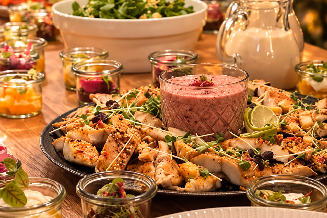 Große Platte mit gegrilltem Hähnchenfilet, garniert mit Mikrogrün und Limettenscheiben, umgeben von kleinen Gläsern mit verschiedenen Dips und einem Glas mit rosa Sauce in der Mitte, im Hintergrund eine Schüssel mit grünem Salat und ein Krug mit Dressing auf einem Holztisch.