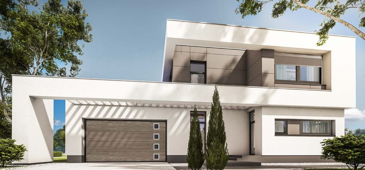 Maison moderne avec porte de garage aspect chêne gris à hublots carrés, composition Messina – pose de menuiseries assorties à Baye