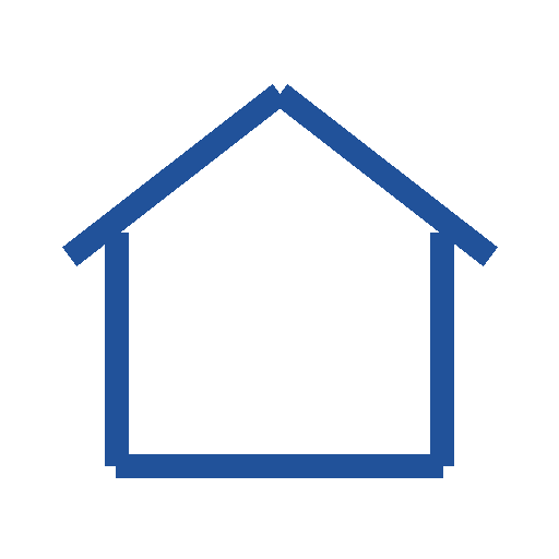 Simple blue outline of a house with a triangular roof and square base on a white background.