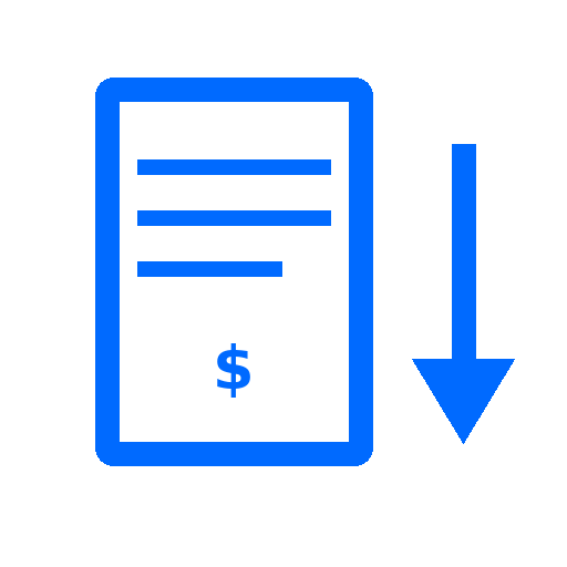 Blue icon of a document with a dollar sign and three horizontal lines next to a large downward arrow.