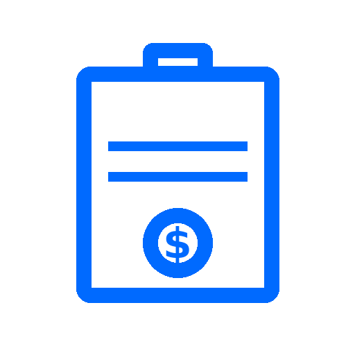 Blue clipboard icon with two horizontal lines and a dollar sign symbol in a circle below them.