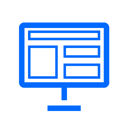 Blue outlined icon of a computer monitor displaying a webpage layout with a header, a large left section, and two smaller right sections.