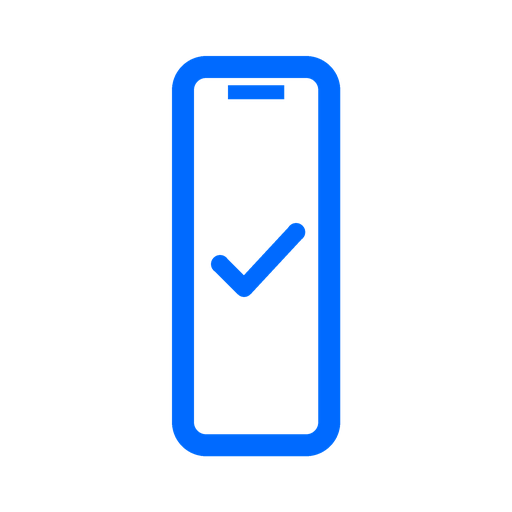 Blue outline of a tall smartphone with a checkmark in the center on a white background.