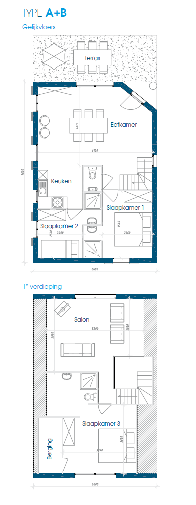 Grondplan woning type A+B, gelijkvloers en verdieping