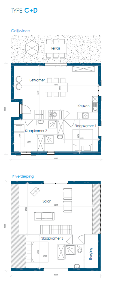 Grondplan woning type C+D, gelijkvloers en verdieping