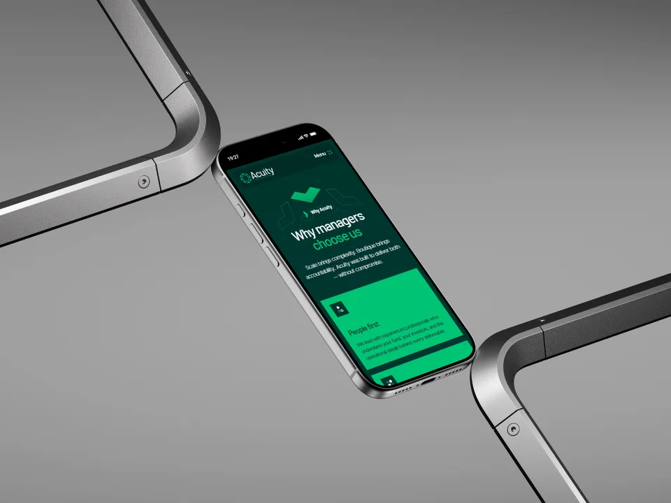 Acuity Fund Solutions mobile site on a phone between steel frames