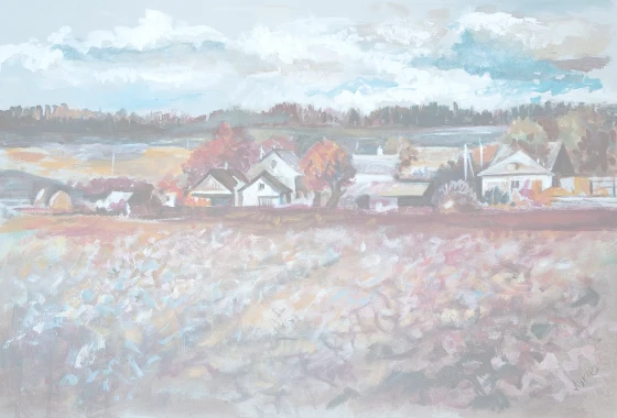 Marta Lukiv mobile site over a village landscape painting