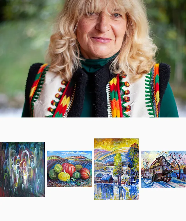 Portrait of Marta Lukiv above a row of her paintings