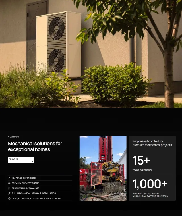 Solux Mechanical overview section with heat pump photography and key figures