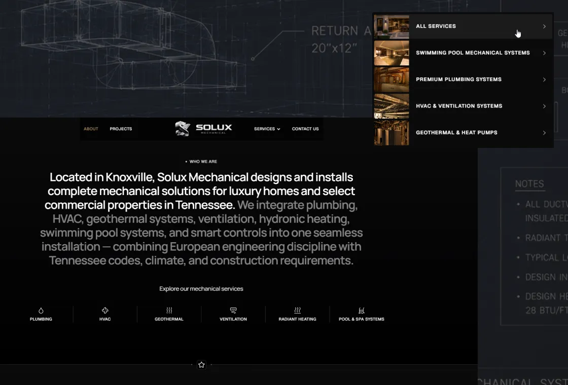 Solux Mechanical intro with the services menu open over blueprint drawings