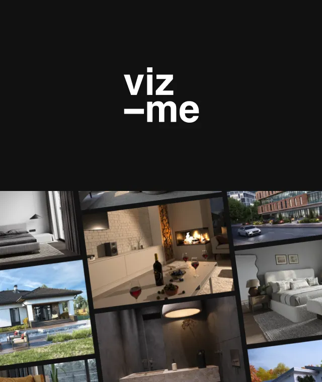 VIZ_ME logo over a collage of interior and exterior renders