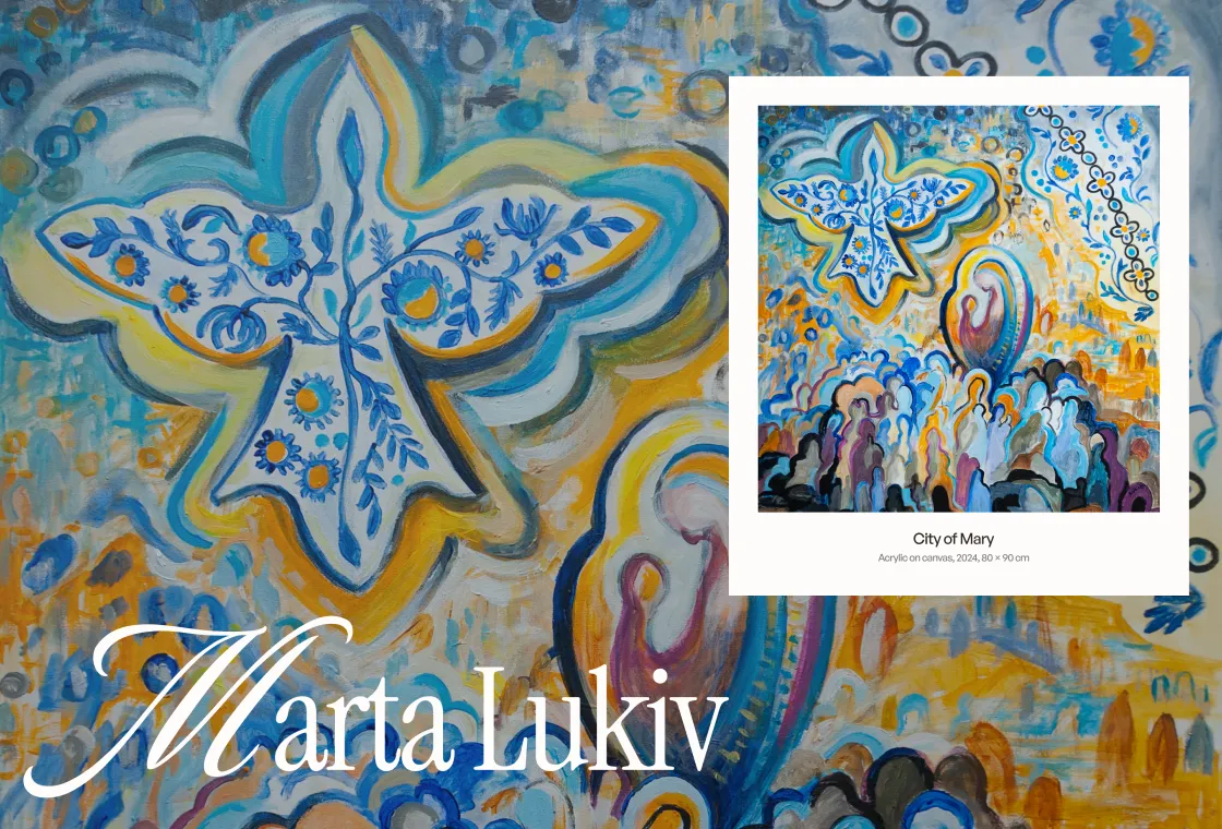 Marta Lukiv wordmark over a painting, with the work City of Mary on a white card