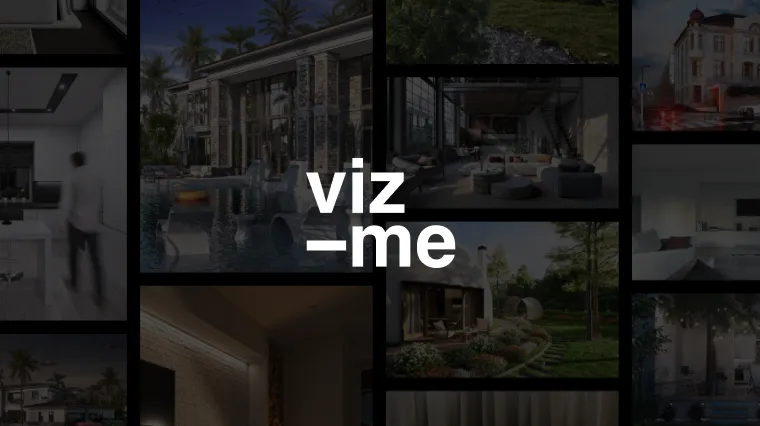 VIZ_ME logo over a collage of renders