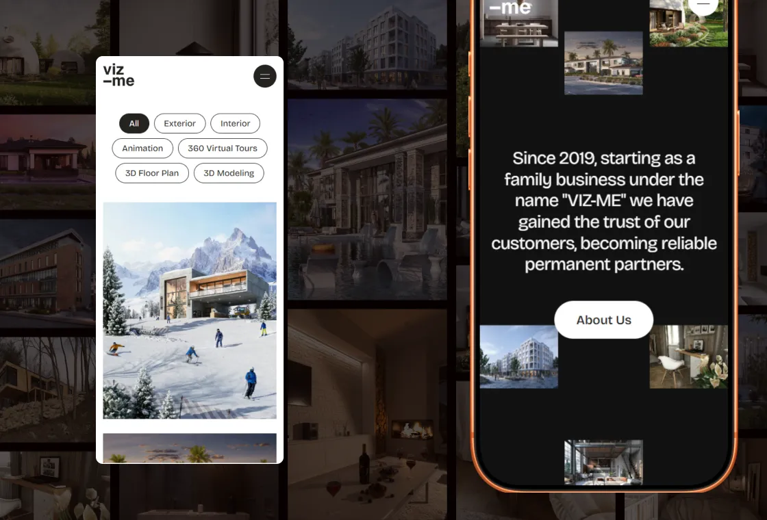 VIZ_ME portfolio filters and About section on mobile