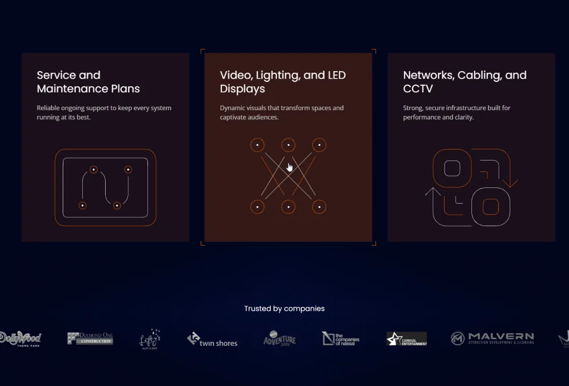 Decibel Studios service cards and the row of client logos