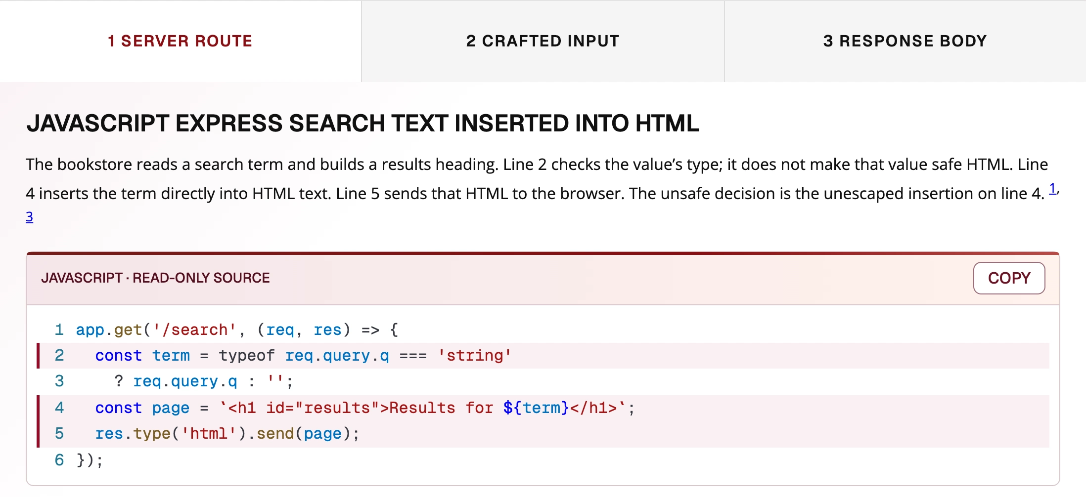 Actual Reflected XSS course activity showing JavaScript source and flat code tabs