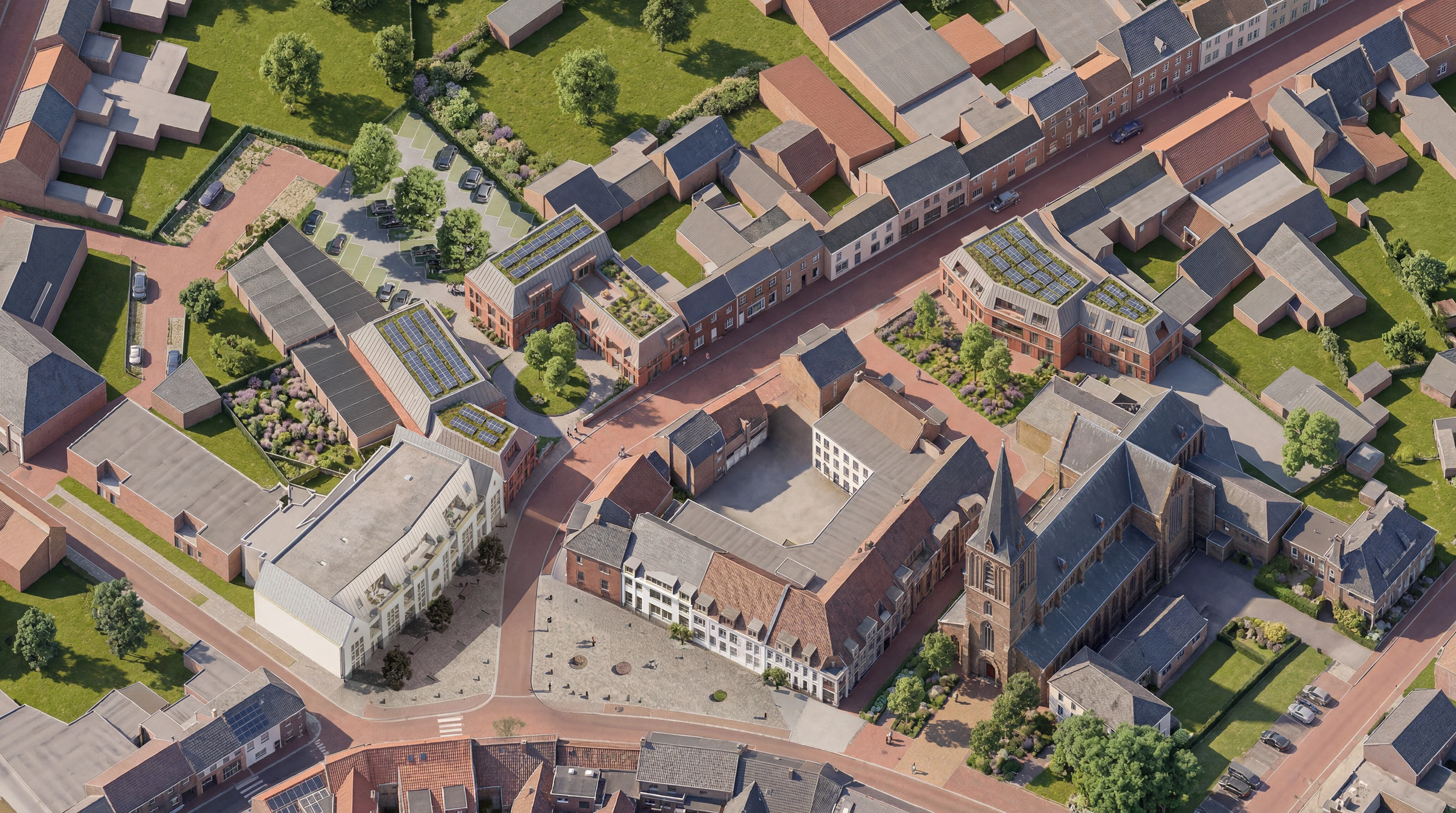 Luchtfoto van Beekerhof met de hoven Aan de Platz en Aan de Hof in het centrum van Schinveld