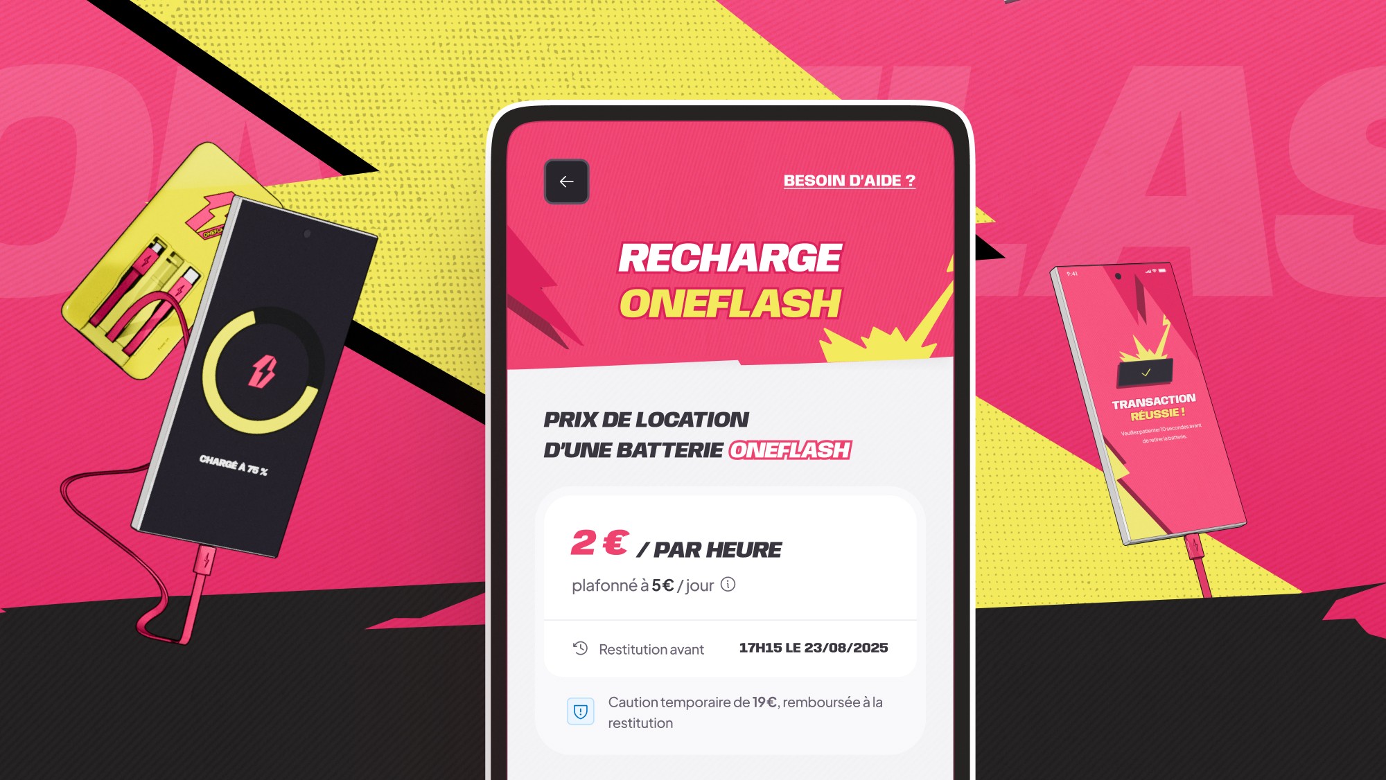 Écrans de l'application mobile Oneflash de location de batteries