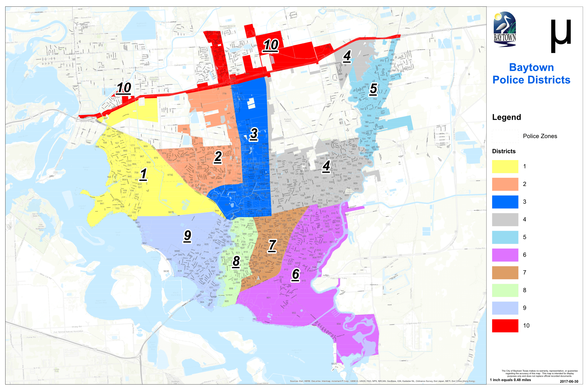 Map of the Baytown police districts