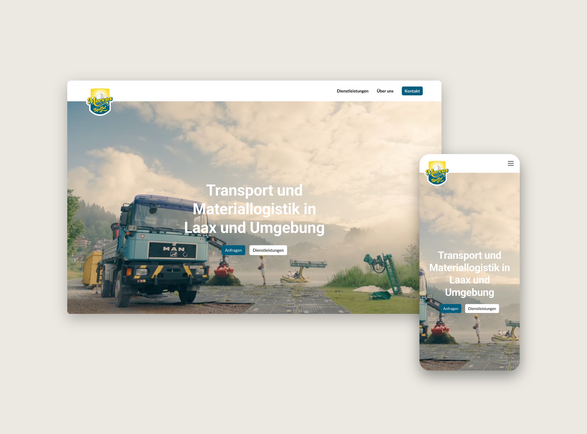 Website von Marcus Stoffel Transporte in Desktop- und Smartphone-Ansicht, mit blauem MAN-Lastwagen am Seeufer im Hero