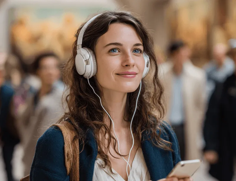 A woman wearing headphones looking at her cell phone.
