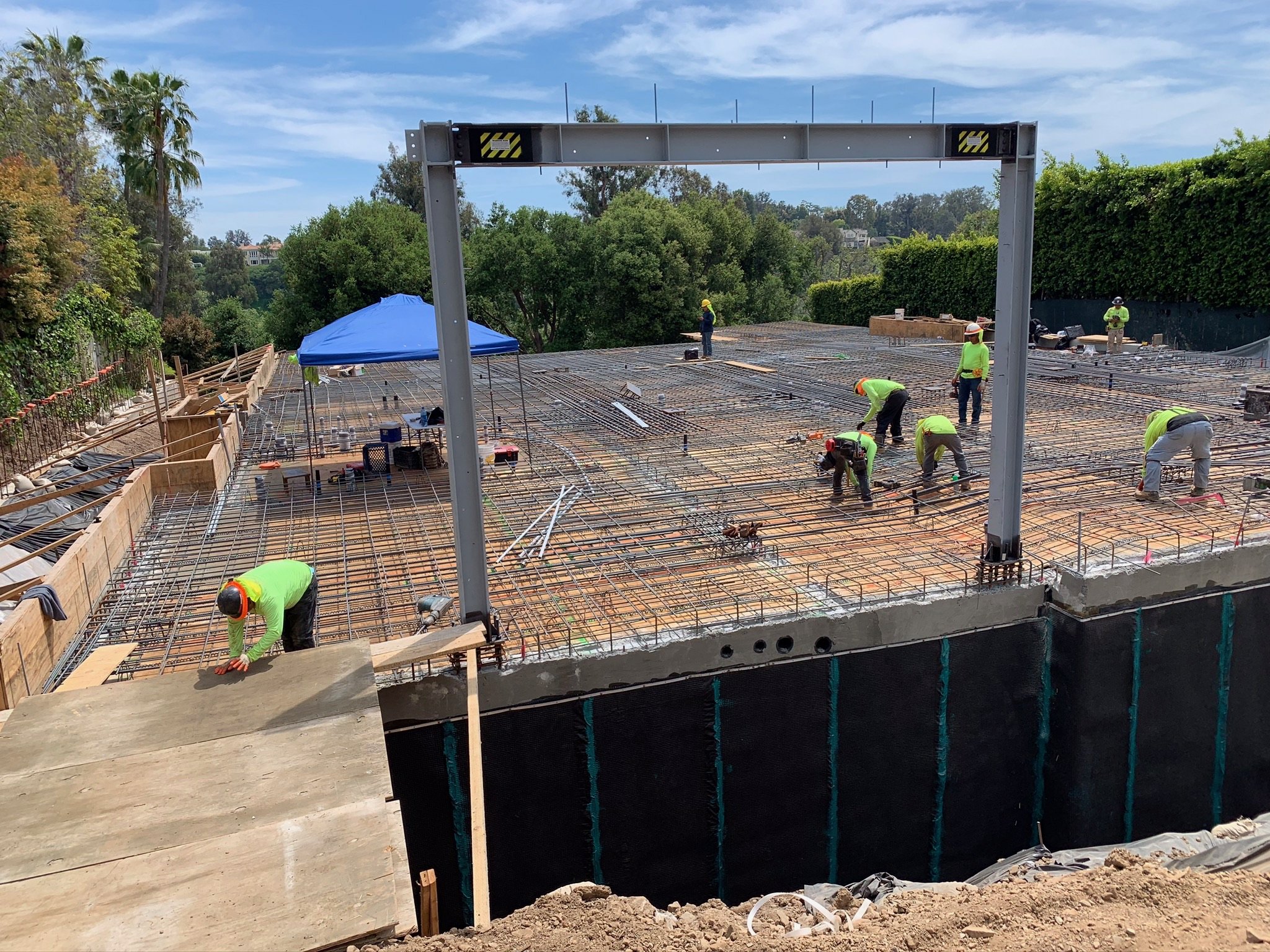 Foundation rebar with waterproofing in place