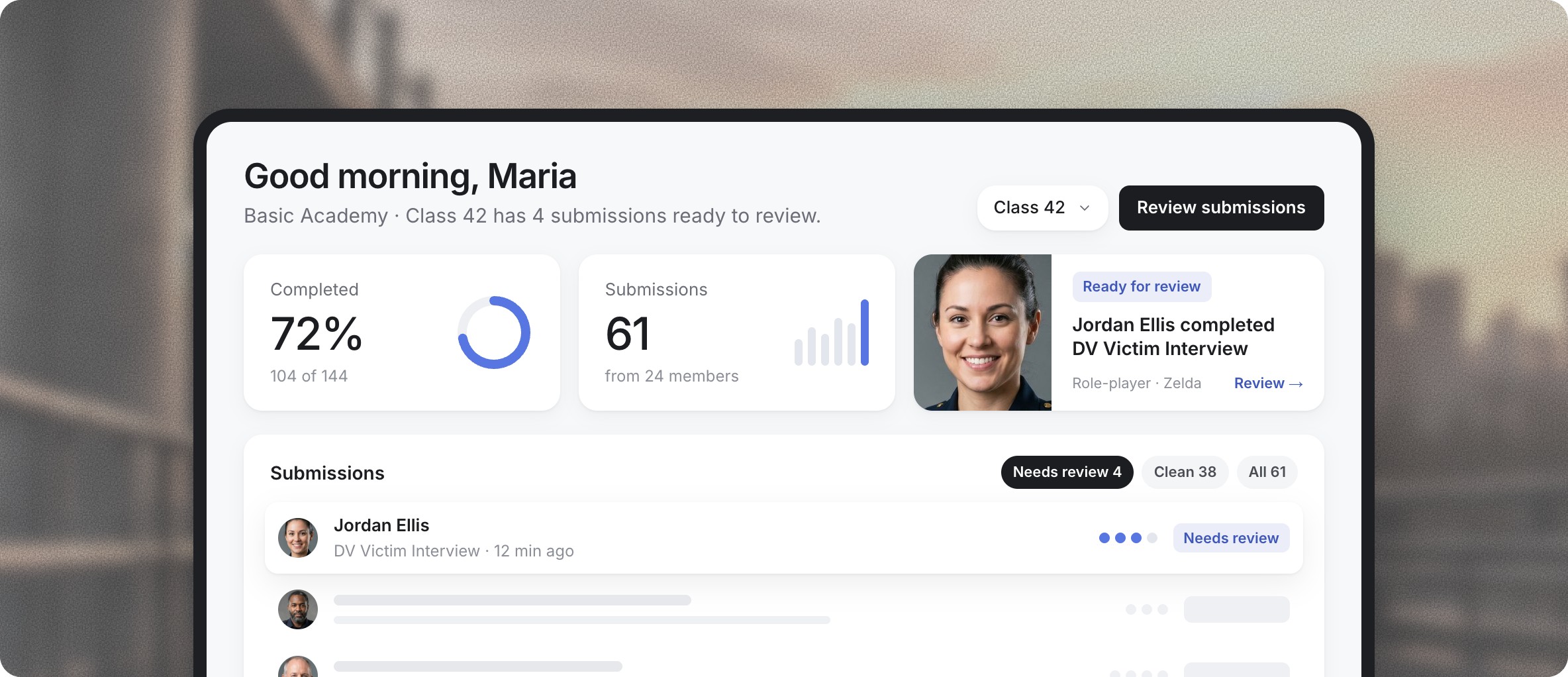 Instructor dashboard showing class completion, submissions and a submission ready for review