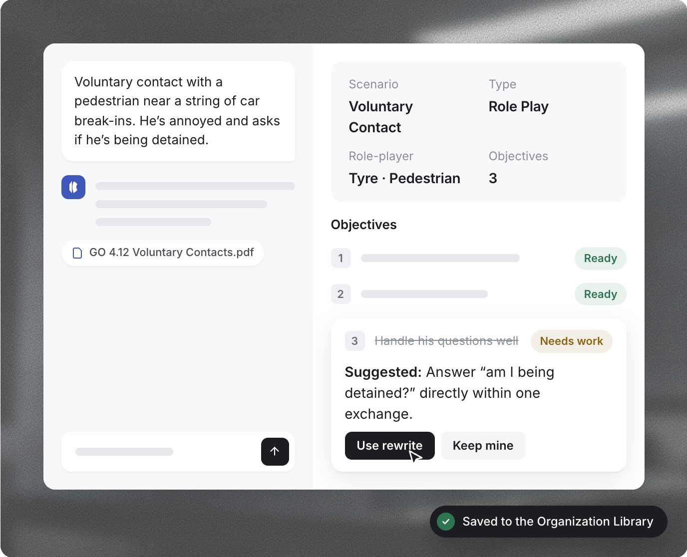 Scenario Builder drafting a voluntary contact scenario with objectives