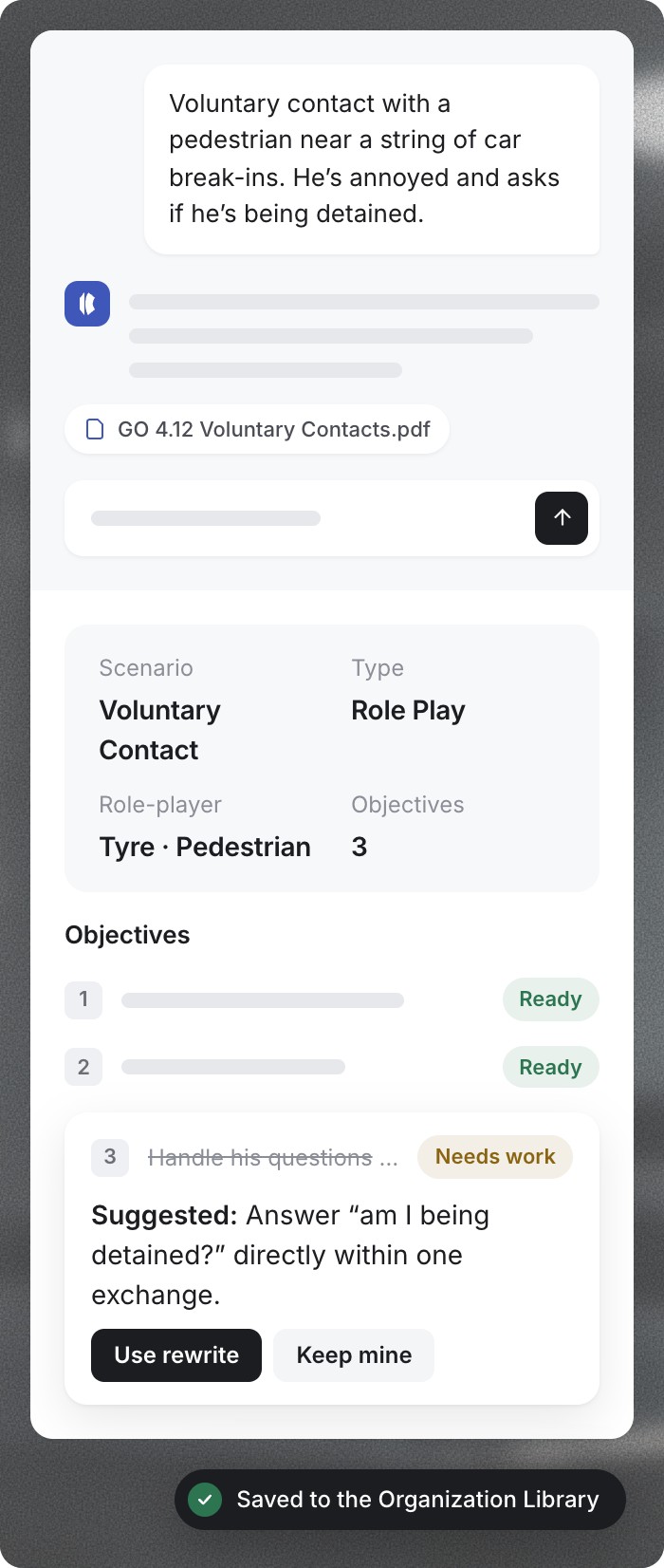 Scenario Builder drafting a voluntary contact scenario with objectives