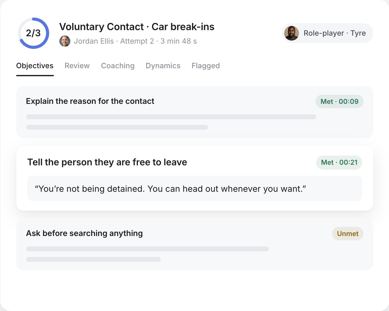 Review card showing objective results with quoted lines