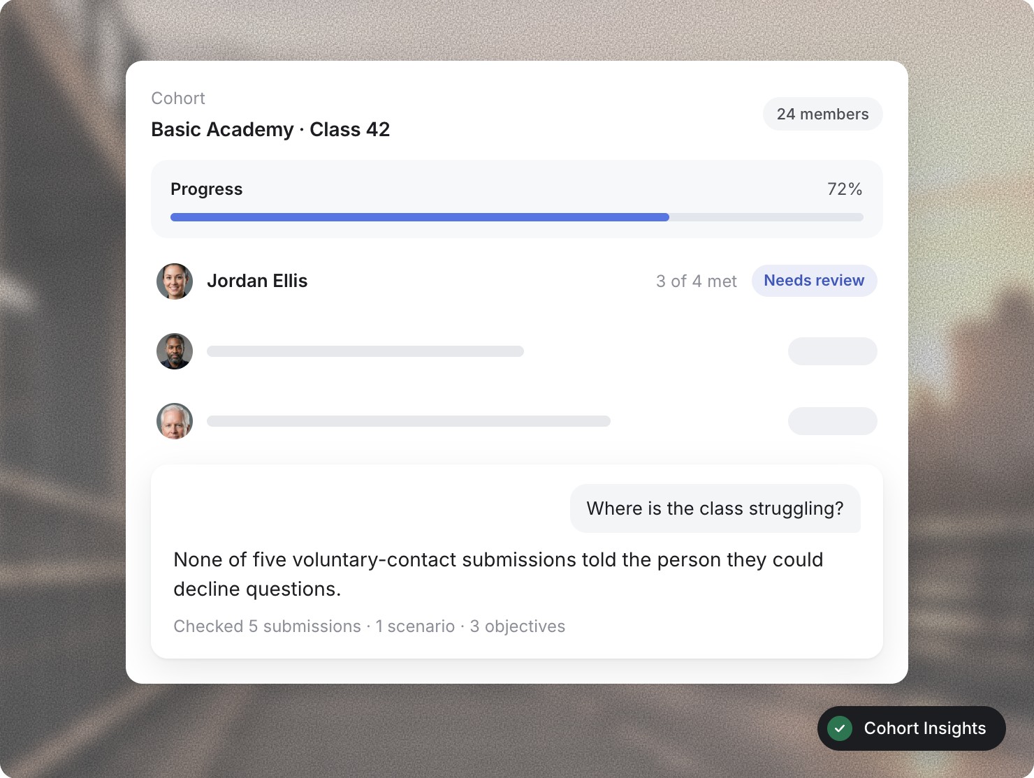 Cohort view with member progress and a class insights question