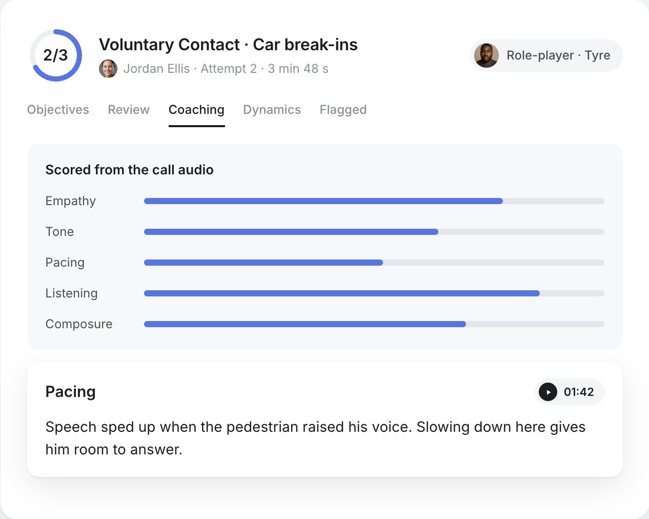 Review card showing coaching from the call audio