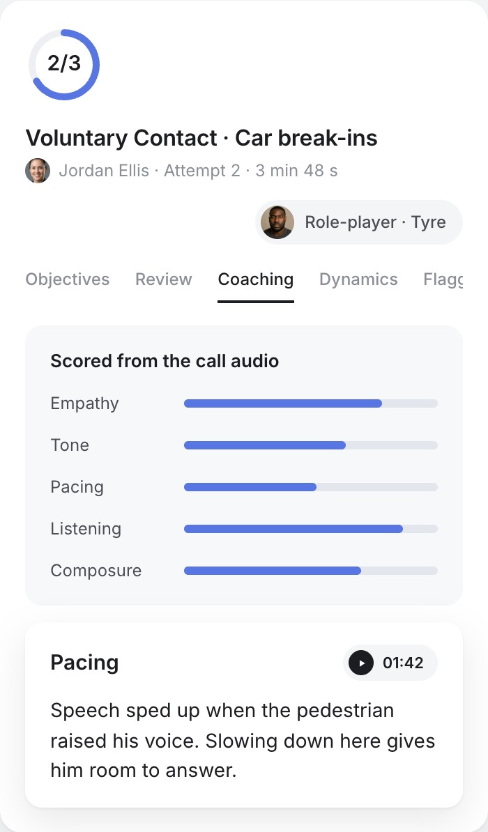 Review card showing coaching from the call audio