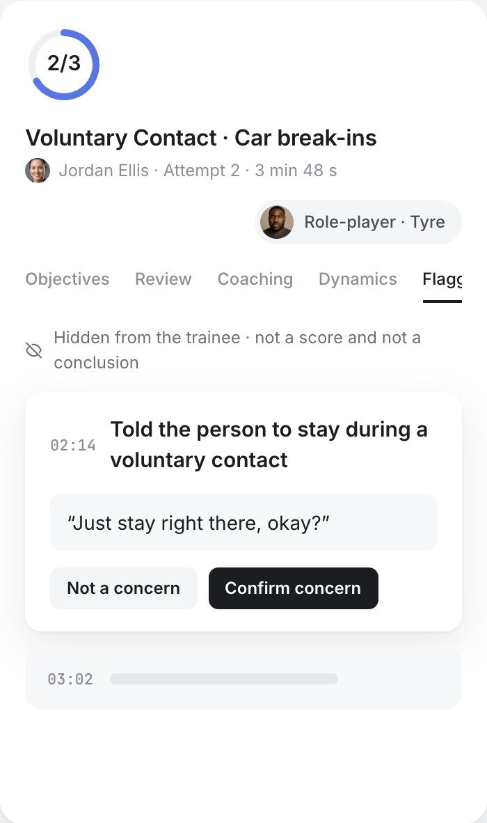 Review card showing flagged moments for the instructor