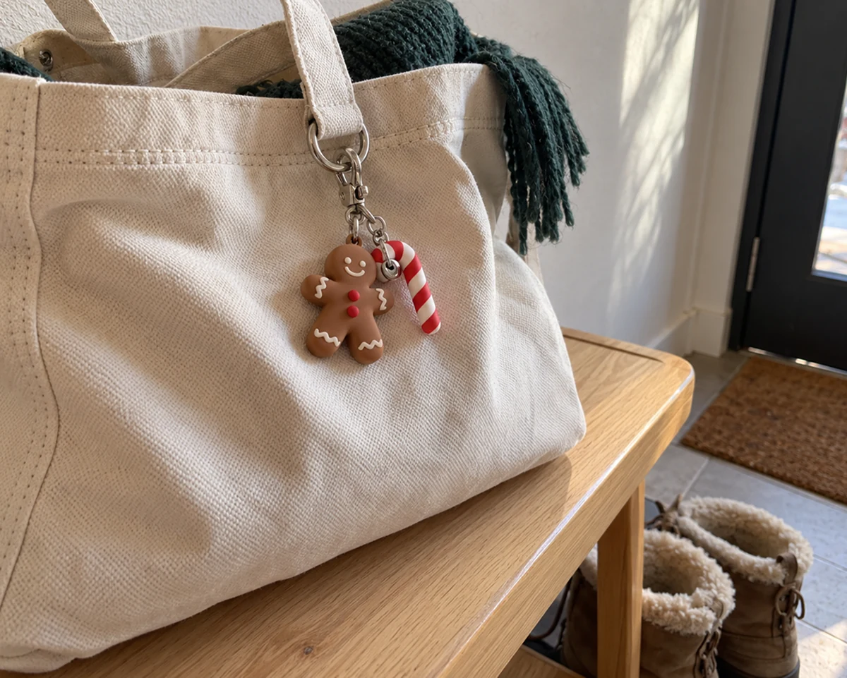 Gingerbread man and candy cane charms on a clasp hanging from the handle of a cream canvas tote