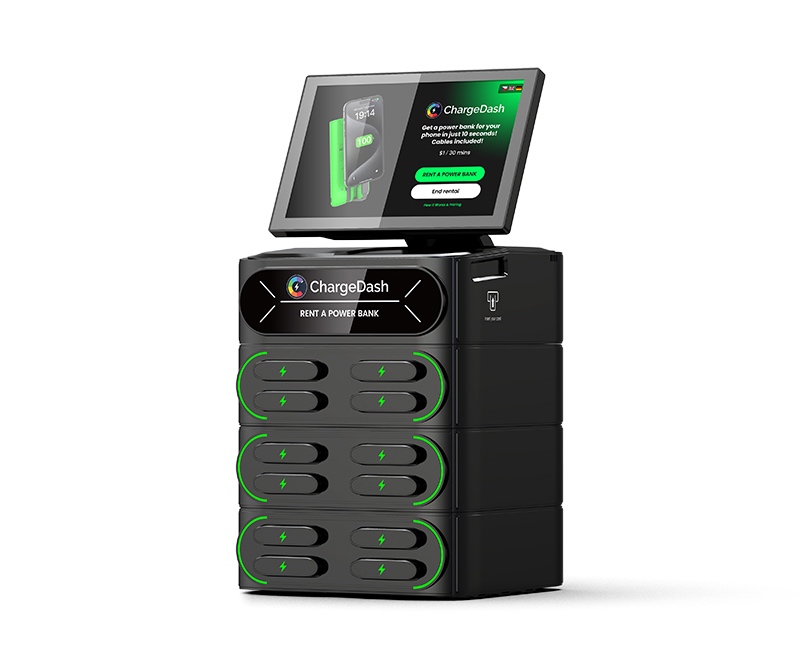 ChargeDash countertop station with screen and 12 power-bank slots